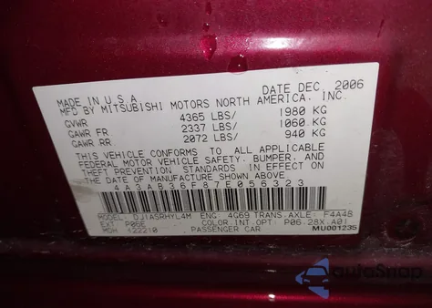 2007 Mitsubishi Galant Es/Se z USA, uszkodzony, nr VIN 4A3AB36F87E056323